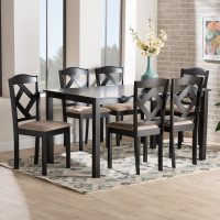 Baxton Studio Ruth-Sand/Dark Brown-7PC Dining Set Ruth Sand Fabric Upholstered and Dark Brown Finished Wood 7-Piece Dining Set